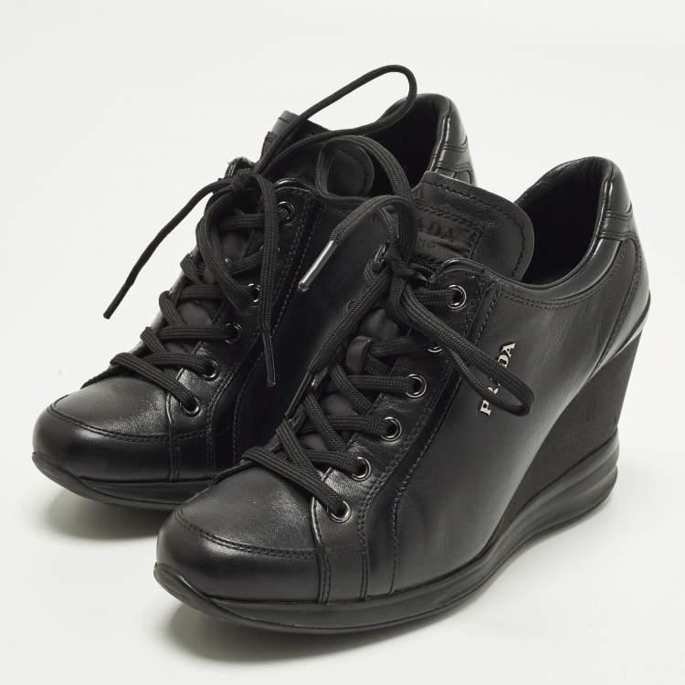 Pre Owned Prada Size 37 Black Leather Wedge Sneakers