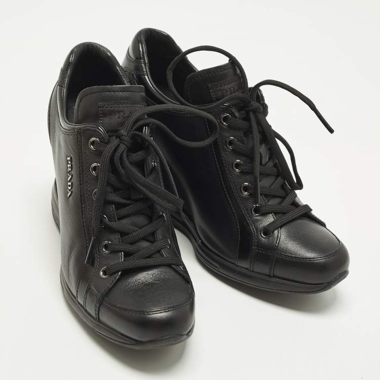 Pre Owned Prada Size 37 Black Leather Wedge Sneakers