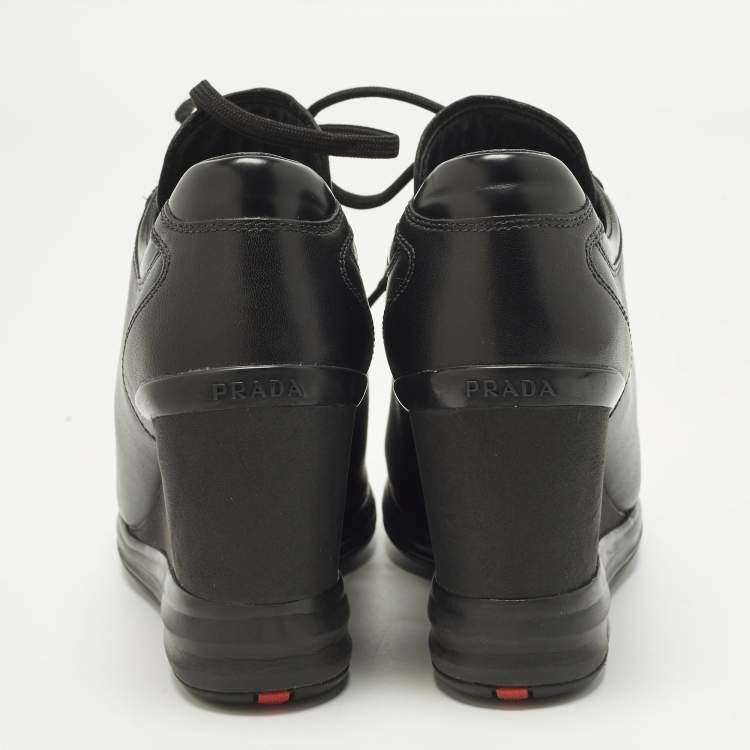 Pre Owned Prada Size 37 Black Leather Wedge Sneakers