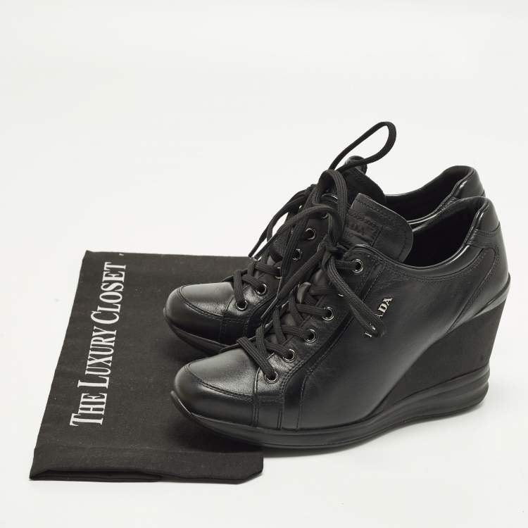 Pre Owned Prada Size 37 Black Leather Wedge Sneakers
