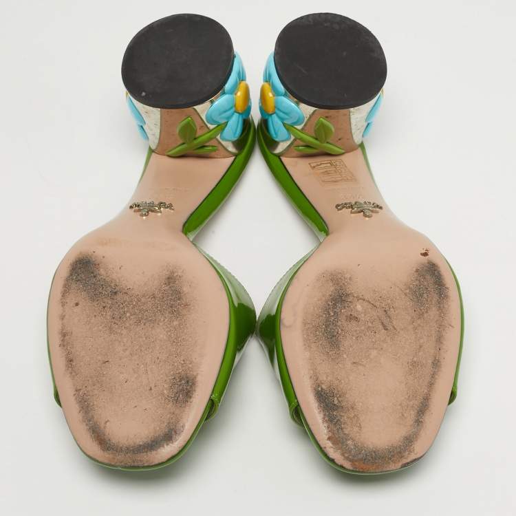 Pre Owned Prada Size 38.5 Green Patent Leather Slide Sandals