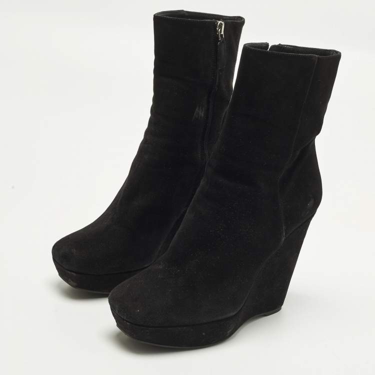 Pre Owned Prada Size 38 Black Suede Wedge Ankle Length Boots