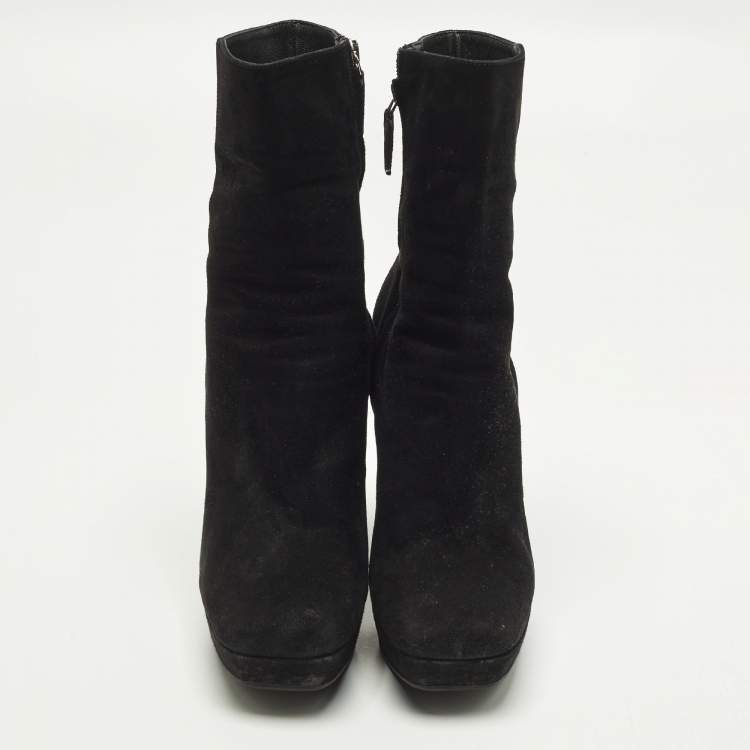 Pre Owned Prada Size 38 Black Suede Wedge Ankle Length Boots