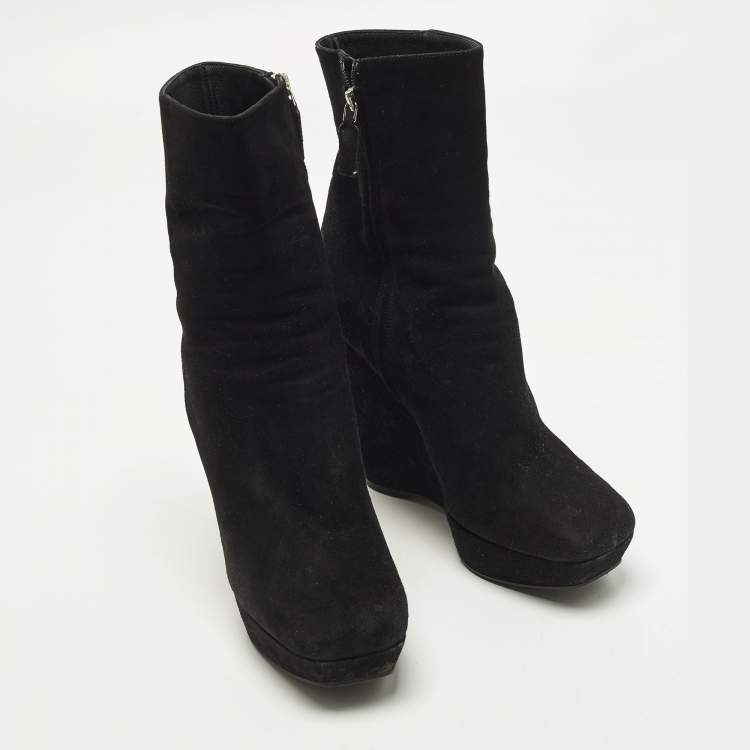 Pre Owned Prada Size 38 Black Suede Wedge Ankle Length Boots