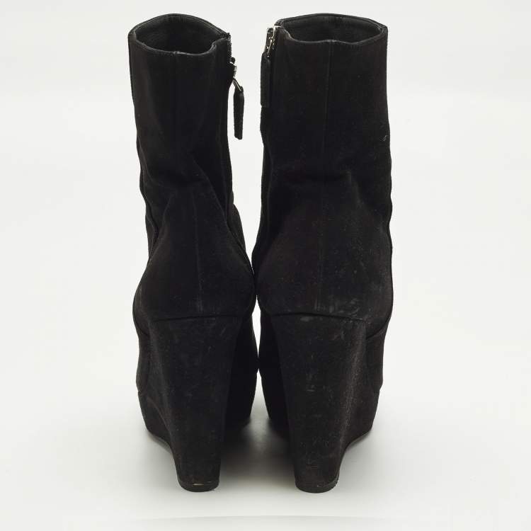 Pre Owned Prada Size 38 Black Suede Wedge Ankle Length Boots