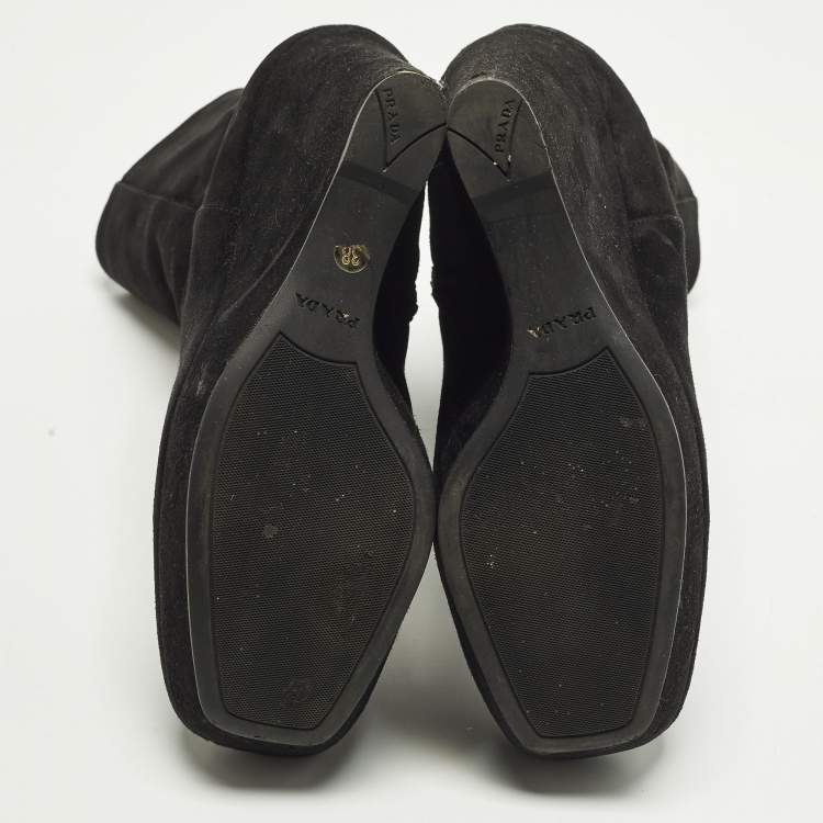 Pre Owned Prada Size 38 Black Suede Wedge Ankle Length Boots