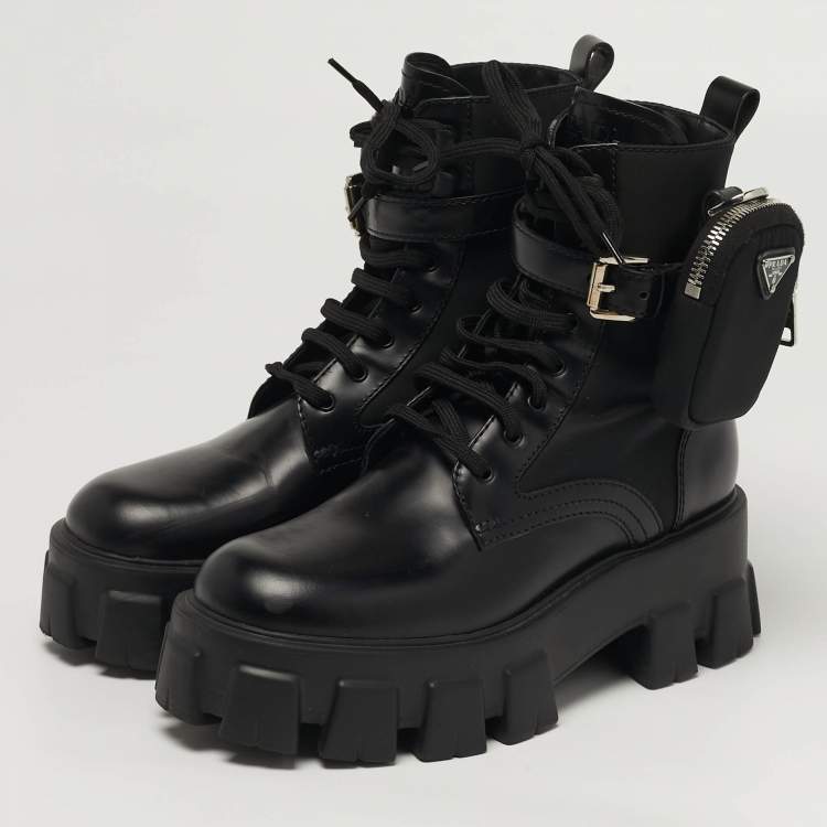 Pre Owned Prada Monolith Size 37 Black Leather and Nylon Mid Calf Boots