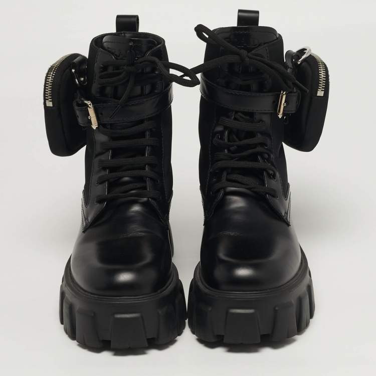 Pre Owned Prada Monolith Size 37 Black Leather and Nylon Mid Calf Boots