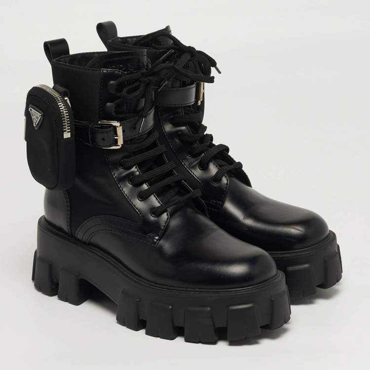 Pre Owned Prada Monolith Size 37 Black Leather and Nylon Mid Calf Boots