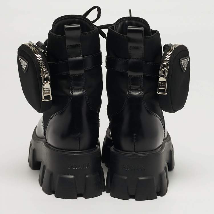 Pre Owned Prada Monolith Size 37 Black Leather and Nylon Mid Calf Boots