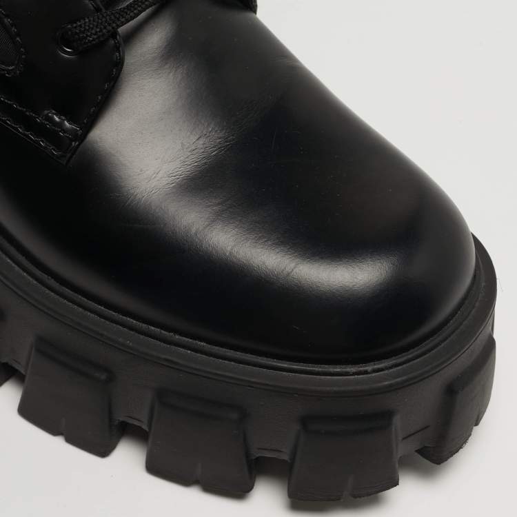 Pre Owned Prada Monolith Size 37 Black Leather and Nylon Mid Calf Boots