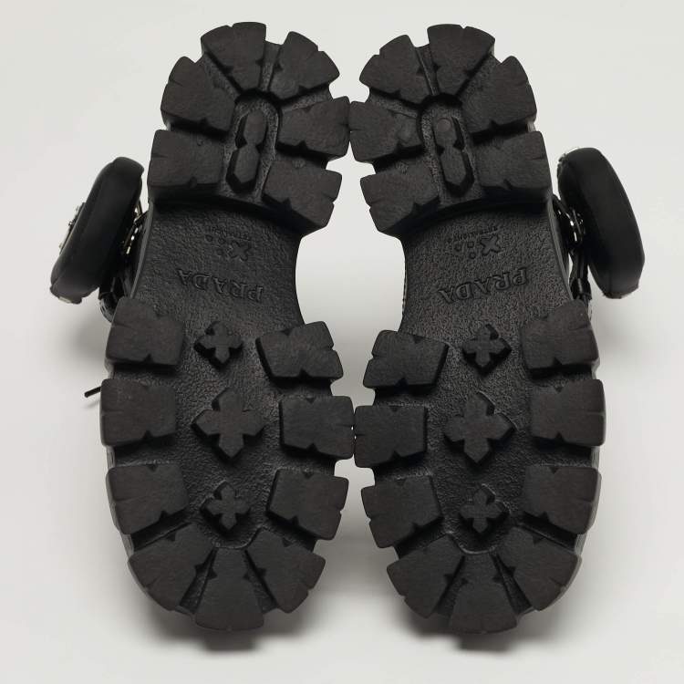 Pre Owned Prada Monolith Size 37 Black Leather and Nylon Mid Calf Boots