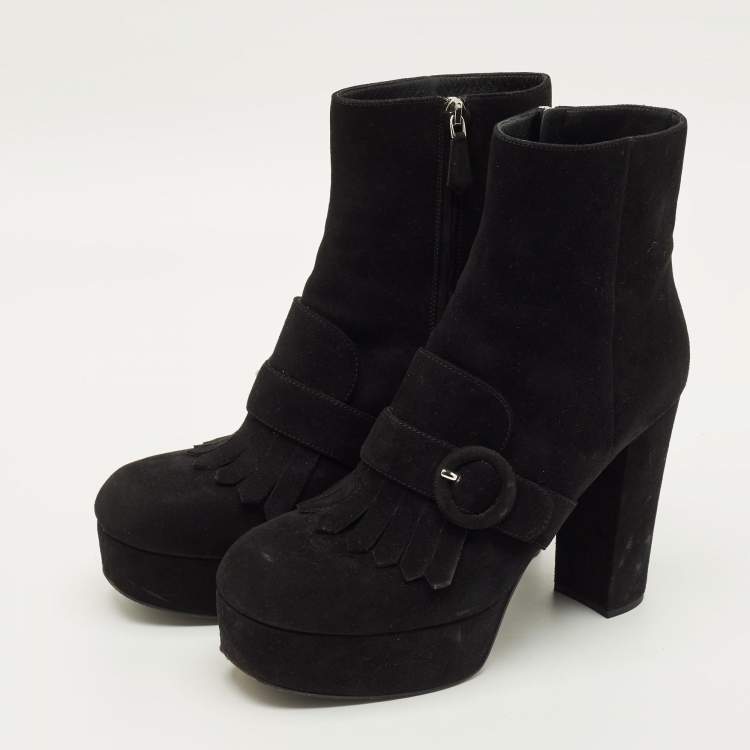 Pre Owned Prada Black Size 39 Suede Fringe Detail Ankle Boots