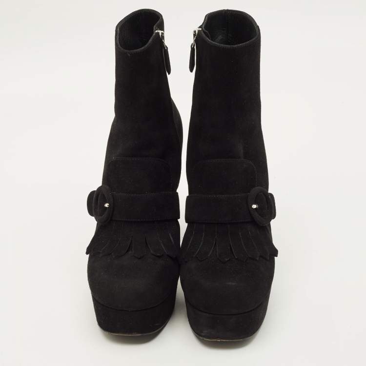Pre Owned Prada Black Size 39 Suede Fringe Detail Ankle Boots