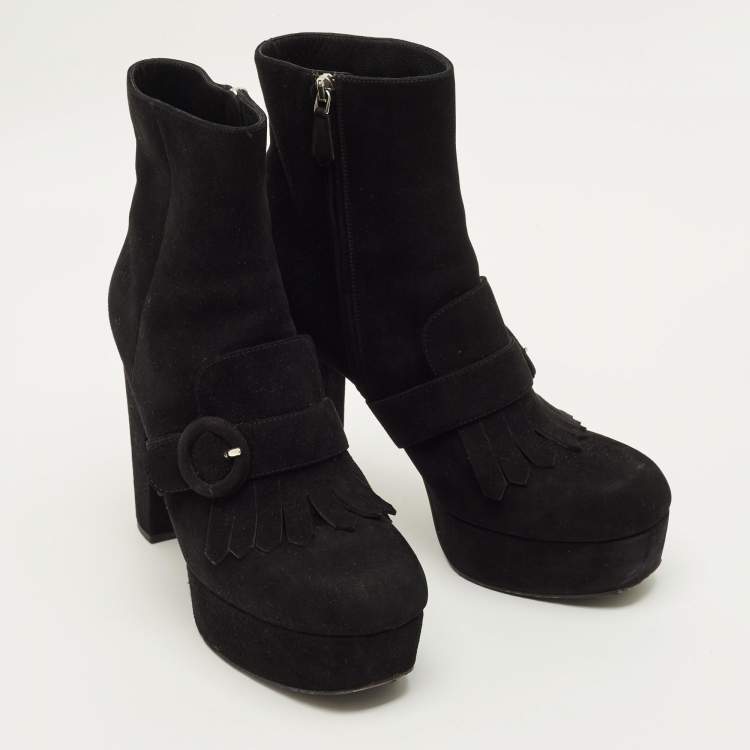 Pre Owned Prada Black Size 39 Suede Fringe Detail Ankle Boots