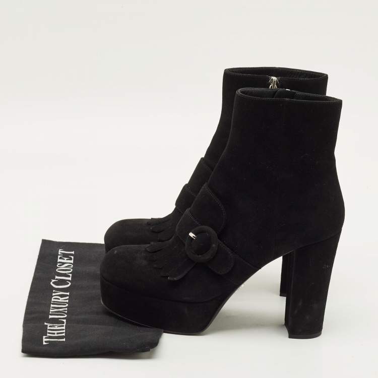 Pre Owned Prada Black Size 39 Suede Fringe Detail Ankle Boots