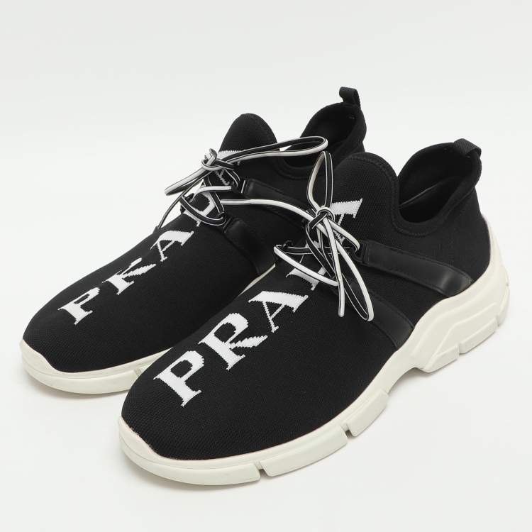Pre Owned Prada Size 39 Black Logo Print Knit Fabric and Leather Low Top Sneakers