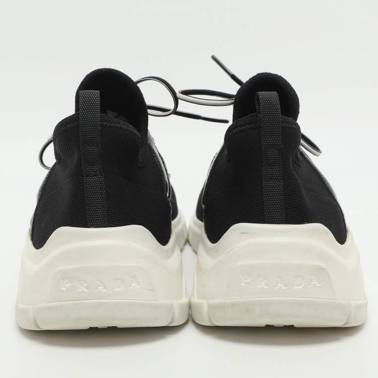 Pre Owned Prada Size 39 Black Logo Print Knit Fabric and Leather Low Top Sneakers