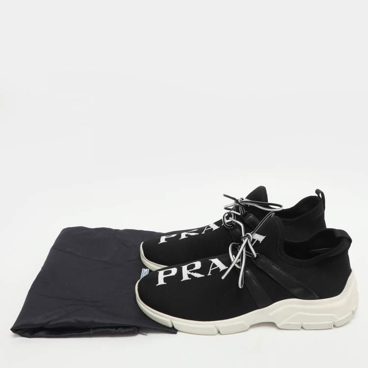 Pre Owned Prada Size 39 Black Logo Print Knit Fabric and Leather Low Top Sneakers