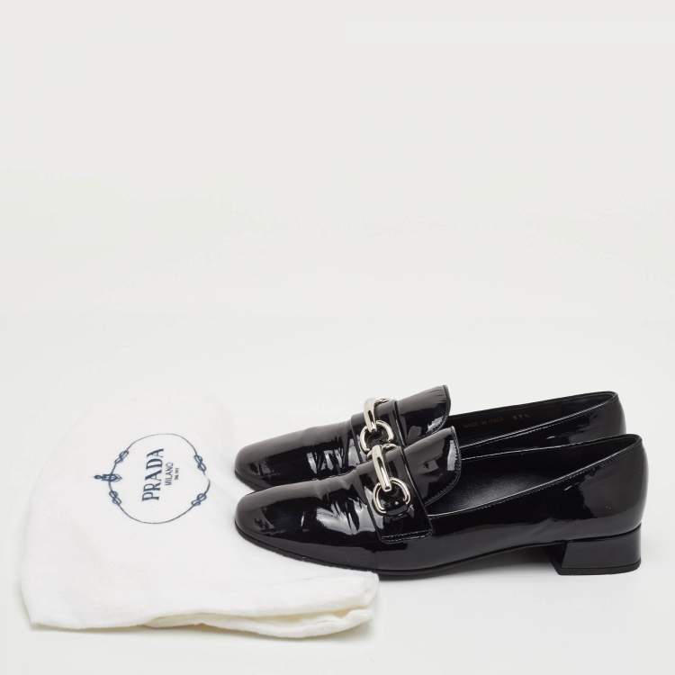 Pre Owned Prada Size 37.5 Black Patent Leather Slip On Loafers