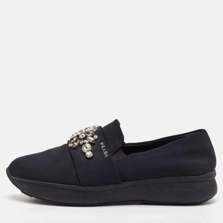 Pre Owned Prada Size 39.5 Black Neoprene Crystal Embellished Slip On Sneakers