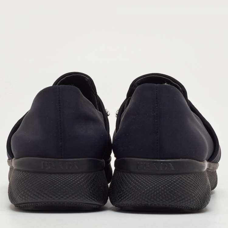 Pre Owned Prada Size 39.5 Black Neoprene Crystal Embellished Slip On Sneakers