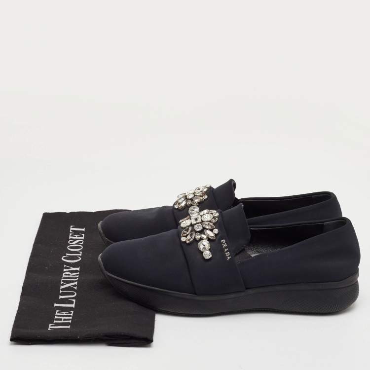 Pre Owned Prada Size 39.5 Black Neoprene Crystal Embellished Slip On Sneakers