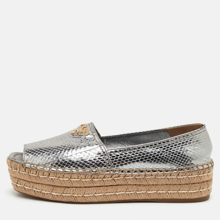 Pre Owned Prada Size 41 Metallic Silver Snakeskin Embossed Leather Platform Espadrille Sandals