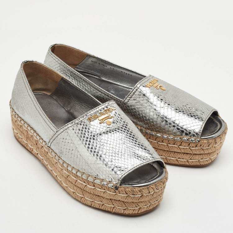 Pre Owned Prada Size 41 Metallic Silver Snakeskin Embossed Leather Platform Espadrille Sandals