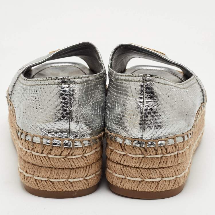 Pre Owned Prada Size 41 Metallic Silver Snakeskin Embossed Leather Platform Espadrille Sandals