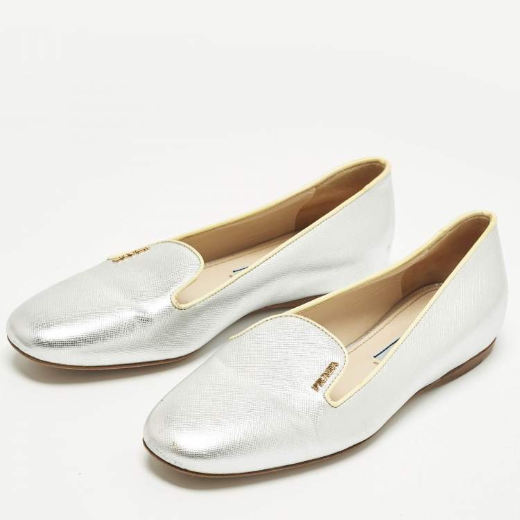 Pre Owned Prada Size 36 Metallic Saffiano Leather Smoking Slippers