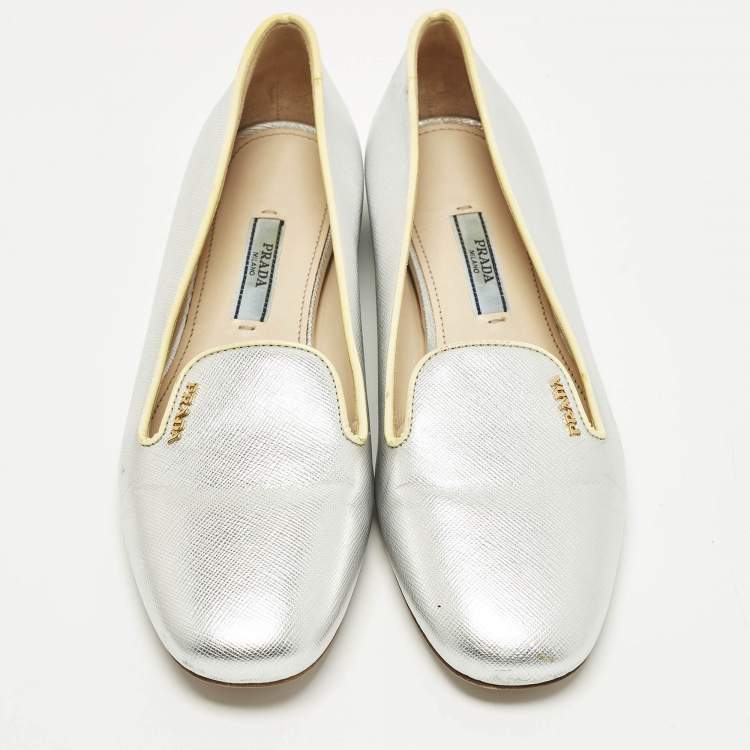 Pre Owned Prada Size 36 Metallic Saffiano Leather Smoking Slippers