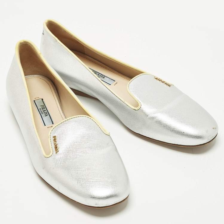 Pre Owned Prada Size 36 Metallic Saffiano Leather Smoking Slippers