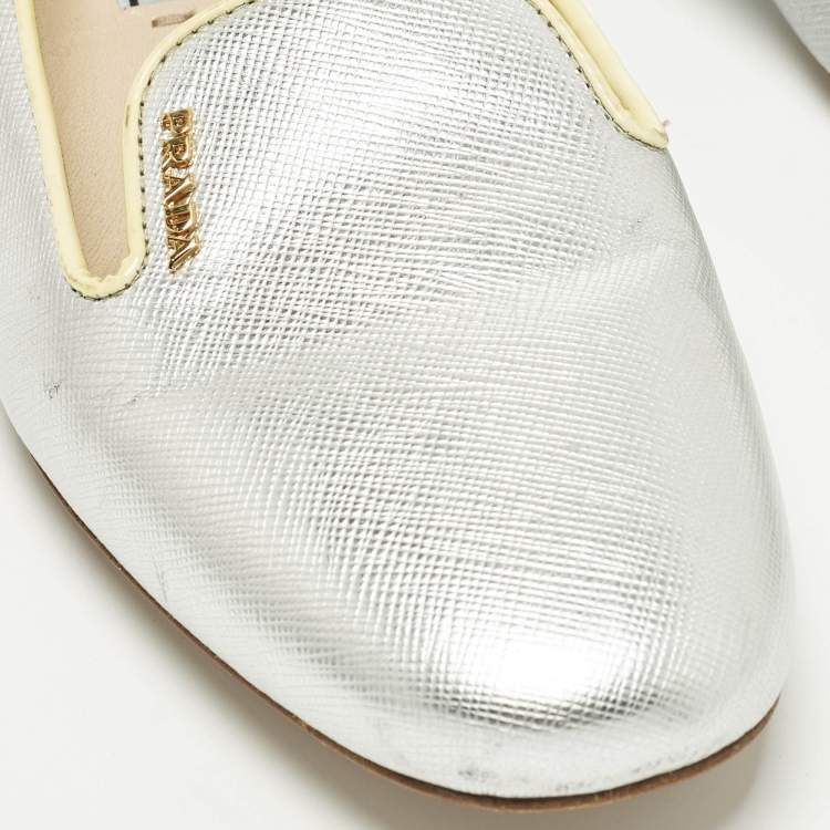 Pre Owned Prada Size 36 Metallic Saffiano Leather Smoking Slippers