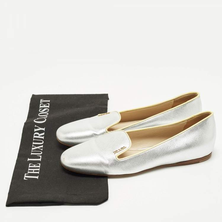 Pre Owned Prada Size 36 Metallic Saffiano Leather Smoking Slippers