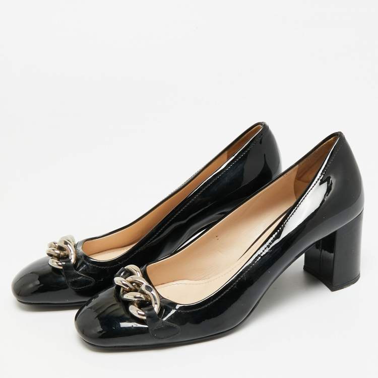 Pre Owned Prada Size 36.5 Black Patent Leather Chain Embellished Block Heel Pumps