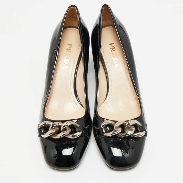 Pre Owned Prada Size 36.5 Black Patent Leather Chain Embellished Block Heel Pumps