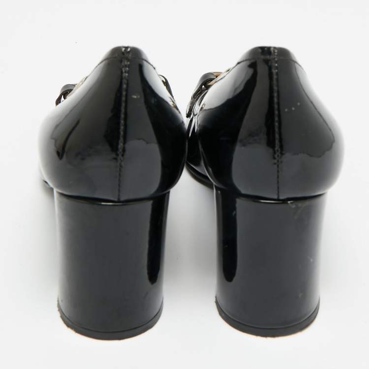 Pre Owned Prada Size 36.5 Black Patent Leather Chain Embellished Block Heel Pumps