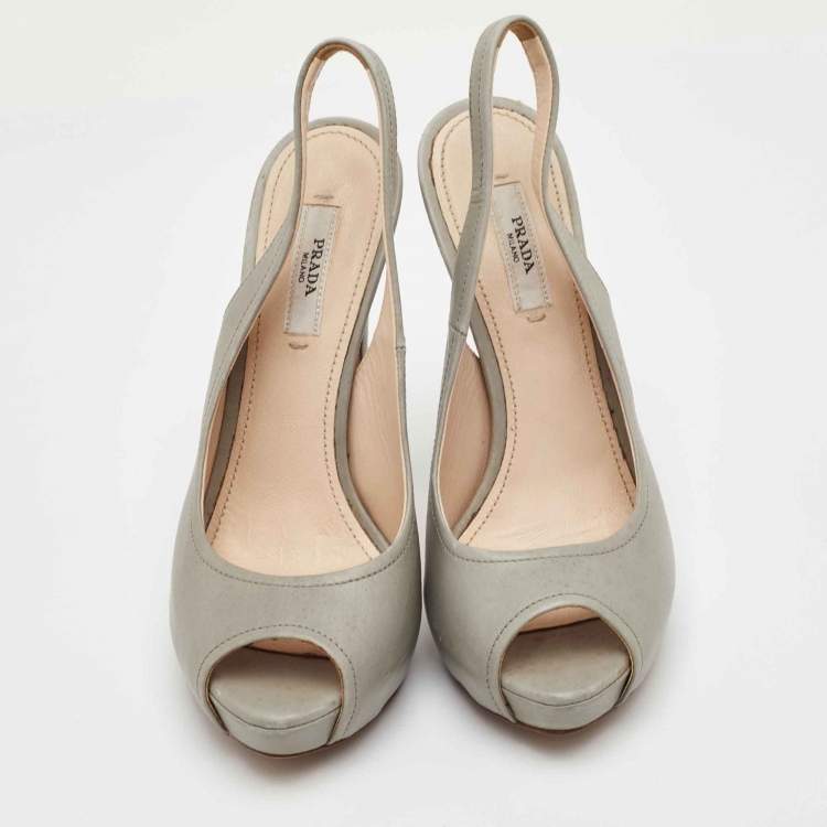 Pre Owned Prada Size 36 Light Grey Leather Peep Toe Platform Slingback Sandals