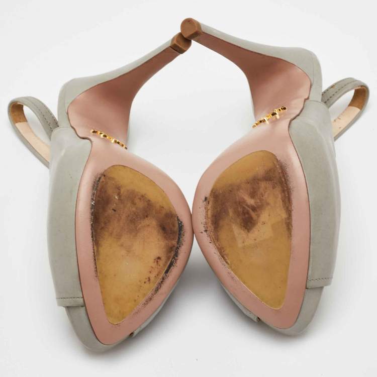 Pre Owned Prada Size 36 Light Grey Leather Peep Toe Platform Slingback Sandals