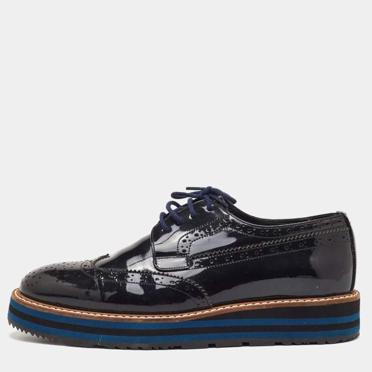 Pre Owned Prada Size 38 Black Brogue Patent Leather Lace Up Platform Derby Sneakers