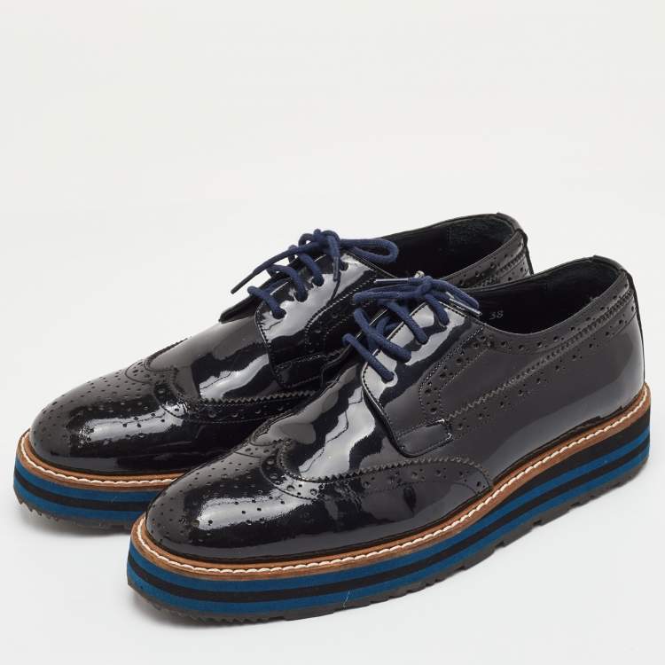Pre Owned Prada Size 38 Black Brogue Patent Leather Lace Up Platform Derby Sneakers