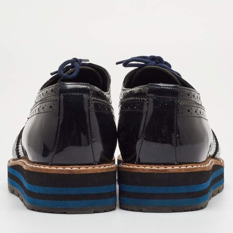 Pre Owned Prada Size 38 Black Brogue Patent Leather Lace Up Platform Derby Sneakers