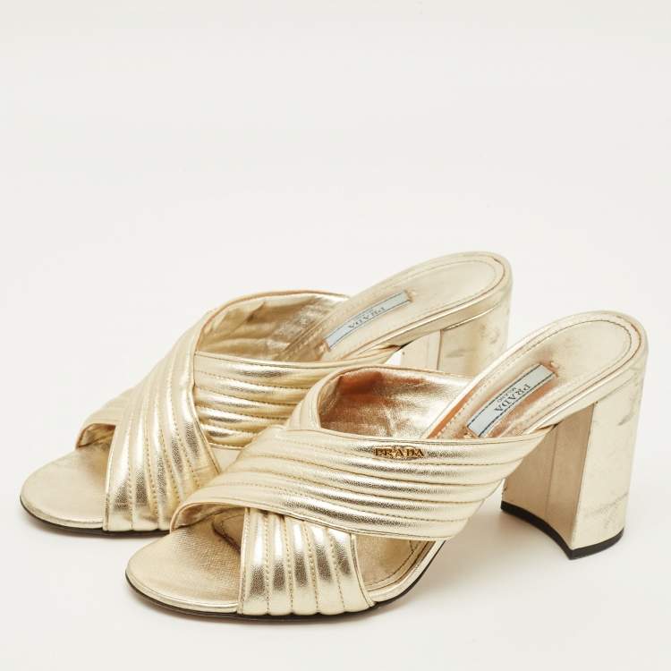 Pre Owned Prada Size 40 Gold Leather Block Heel Slide Sandals