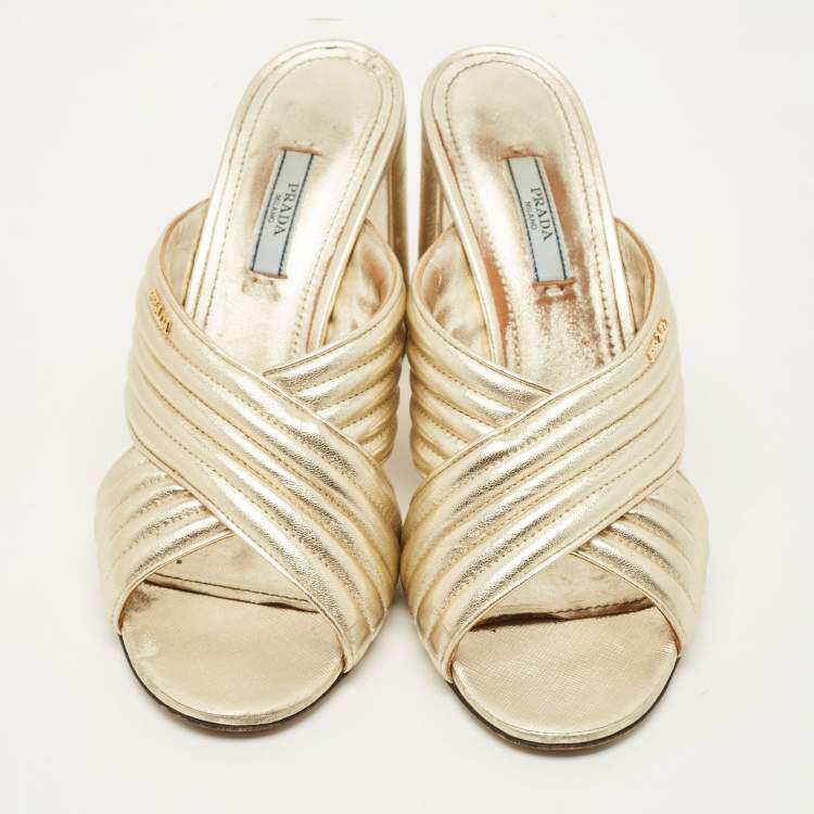 Pre Owned Prada Size 40 Gold Leather Block Heel Slide Sandals
