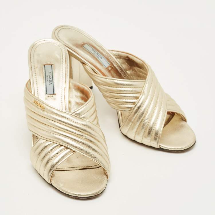 Pre Owned Prada Size 40 Gold Leather Block Heel Slide Sandals