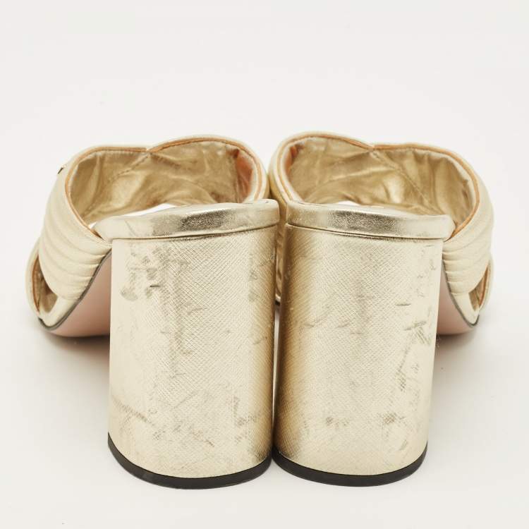 Pre Owned Prada Size 40 Gold Leather Block Heel Slide Sandals