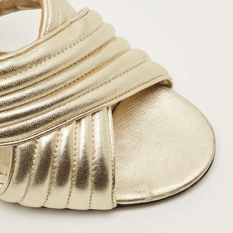 Pre Owned Prada Size 40 Gold Leather Block Heel Slide Sandals