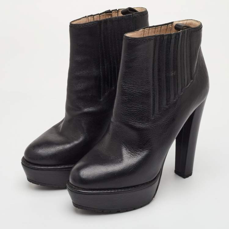 Pre Owned Prada Size 39.5 Black Leather Platform Ankle Length Boots
