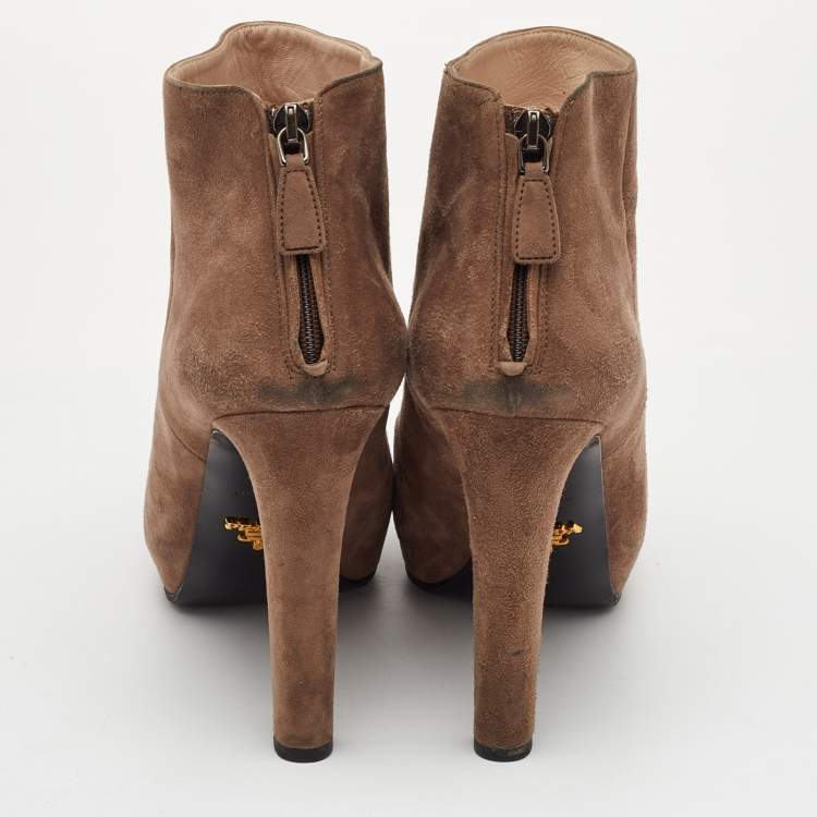 Pre Owned Prada Size 40 Light Brown Suede Platform Ankle Length Boots